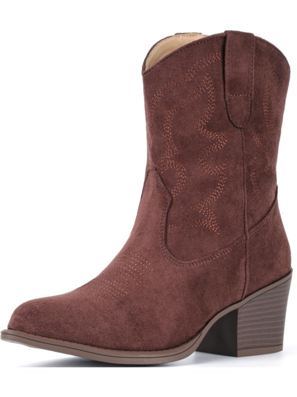 Women's Suede Ankle Western Cowgirl Coffee Mid Calf Pointed Toe Short Booties - Picture 2 of 5